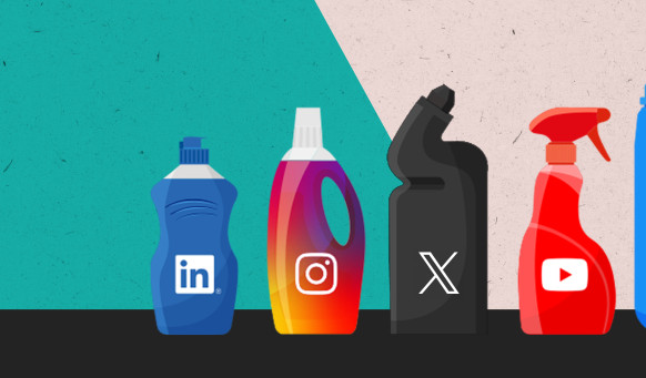 A number of cleaning product bottles of various sizes with social media logos added