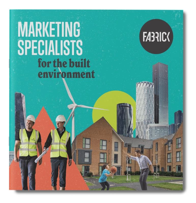 A number of buildings set against a bright coloured background with the Fabrick logo included