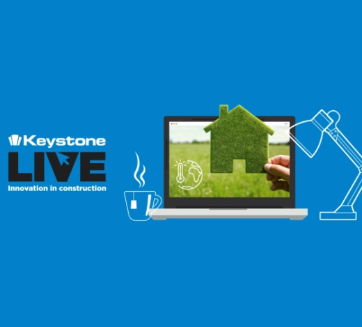 Blue background with a white cloud displaying the Keystone Live logo. House made from grass and a cut-out of a commercial building