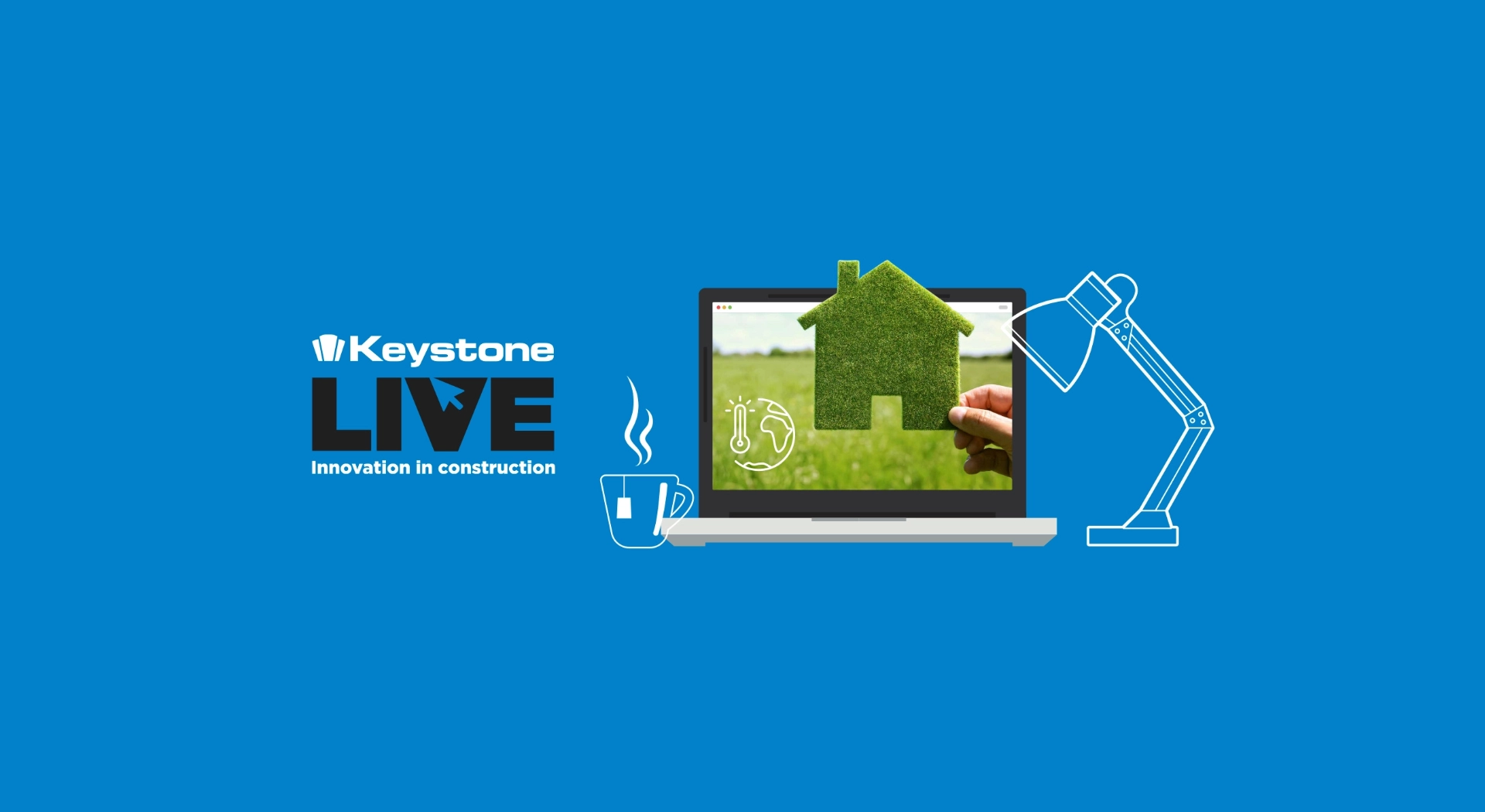 Blue background with a white cloud displaying the Keystone Live logo. House made from grass and a cut-out of a commercial building