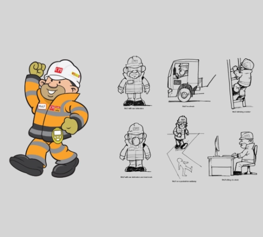 Illustrations of CPI's character, RaLF climbing up a ladder, climbing over a wall and walking along in full PPE clothing