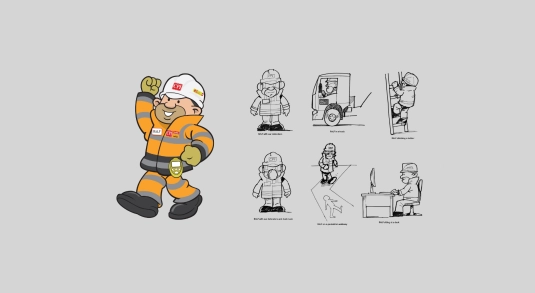 Illustrations of CPI's character, RaLF climbing up a ladder, climbing over a wall and walking along in full PPE clothing